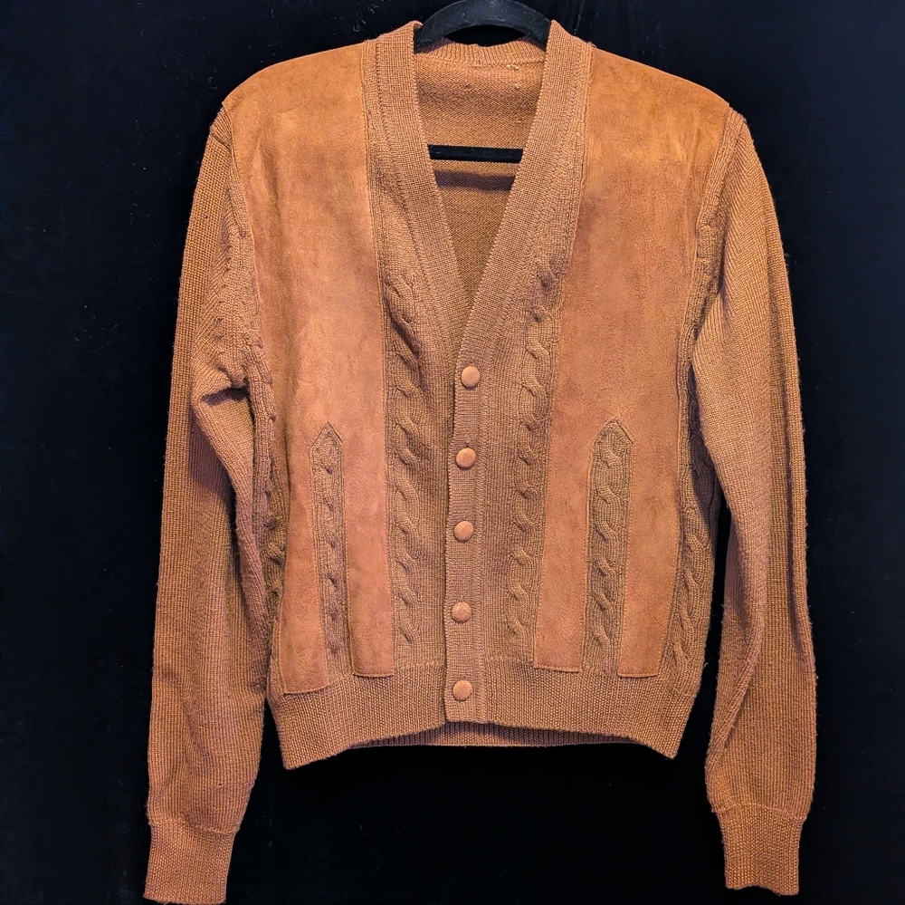 Vintage 60s Grandpa Style Cardigan W. Suede Trim. Chocolate Brown. Medium+ - Picture 7 of 8